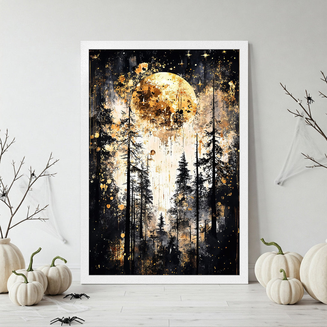 Framed Poster of a mystical forest scene with a large moon, in black, gold, and white. Perfect for Halloween decor!