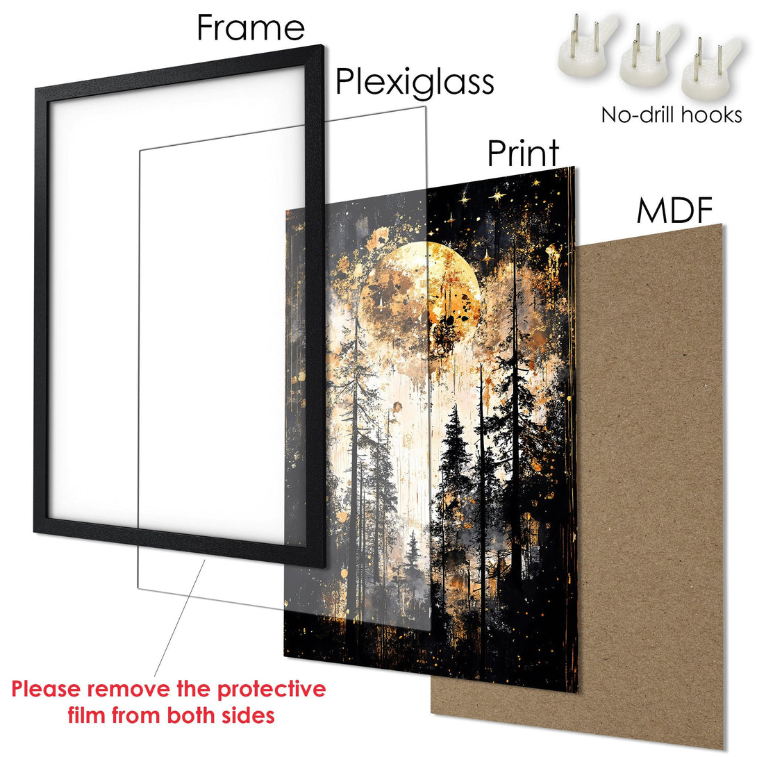 Framed Poster featuring a forest scene with a moon, in black and gold tones. Perfect wall art for any room.