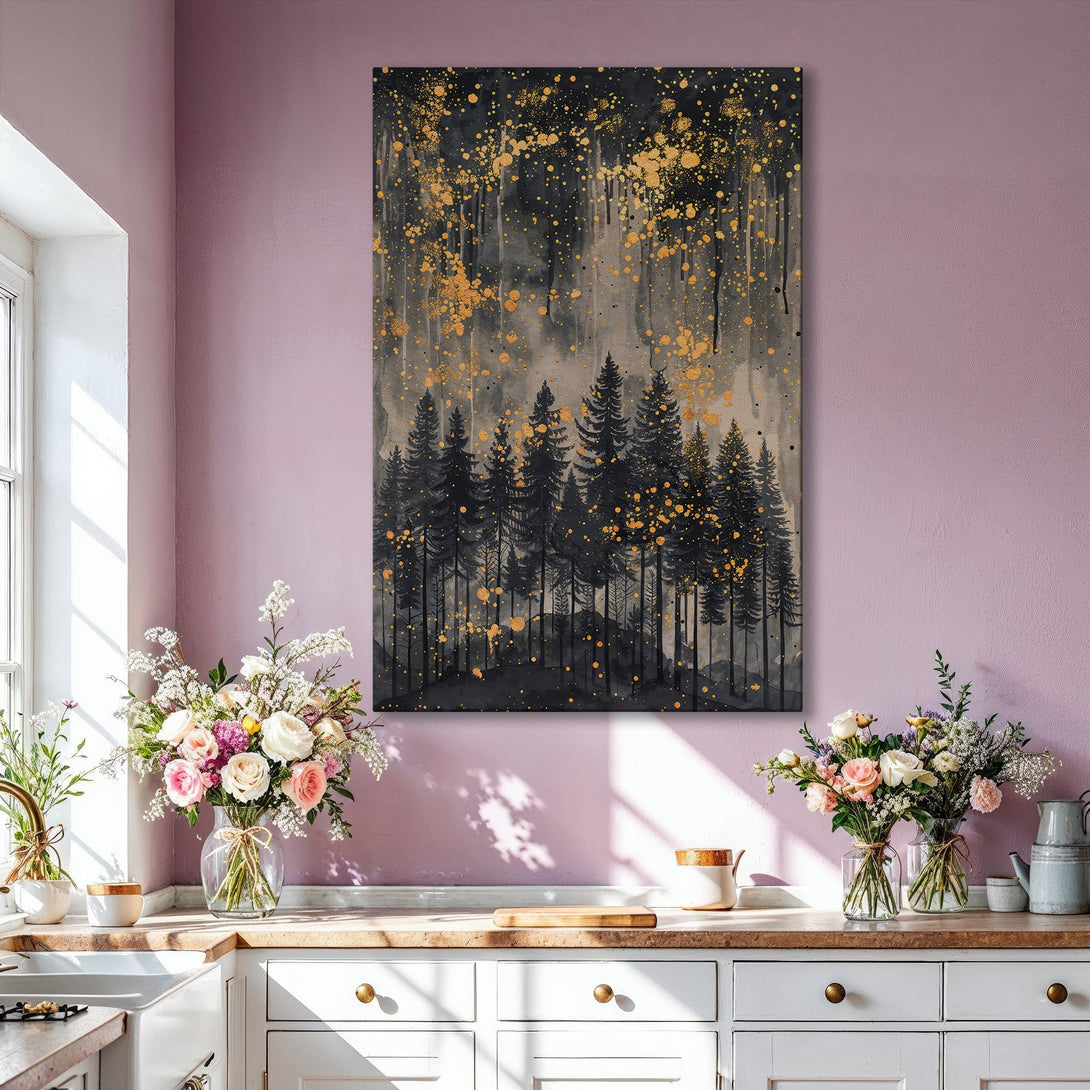 Framed Wall Art: Abstract forest scene in black, gray, and gold. Modern canvas print adds elegance to any interior. Shop now for stunning wall decor!
