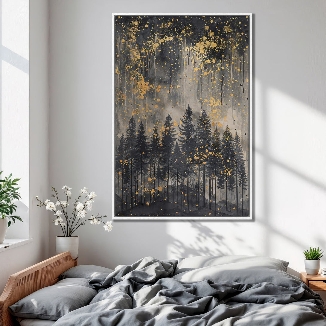 Framed Wall Art of a forest scene in black, gray, and gold. Modern watercolor style Canvas Print adds a touch of elegance to any bedroom.