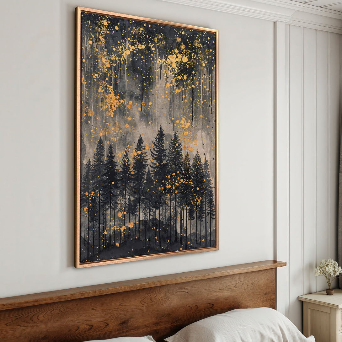 Framed Wall Art: Abstract forest scene in black, gray, and gold. Modern canvas print adds a touch of elegance to any space. Shop now!
