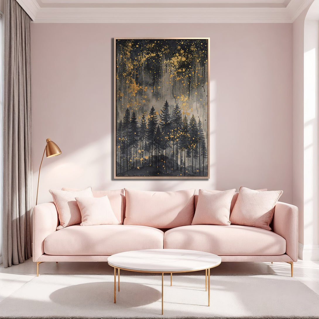 Framed Wall Art: Abstract forest scene in black, gold, and gray. Modern canvas print adds a touch of elegance to any interior.