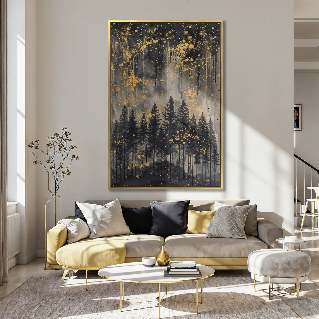 Canvas Print of a forest scene with gold accents. Modern, abstract style with a black, gray, and gold color palette. Perfect wall art for any room.