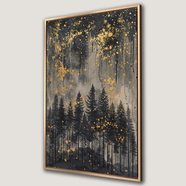 Framed Wall Art: Abstract forest scene in black, gray, and gold. Modern canvas print with a touch of elegance for your home decor.