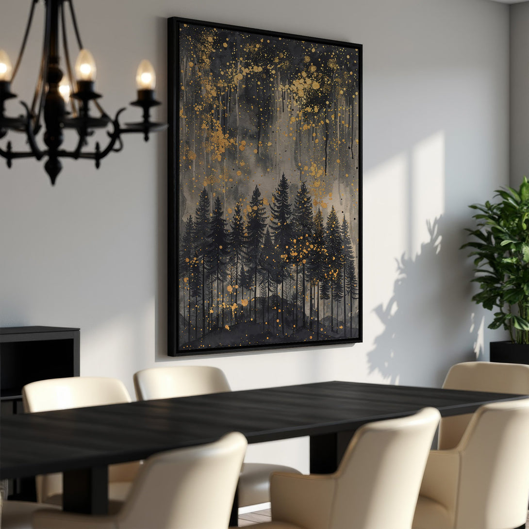 Framed Wall Art featuring a black and gold abstract forest scene. Modern, sophisticated canvas print with a moody, elegant color palette. Perfect for any room!