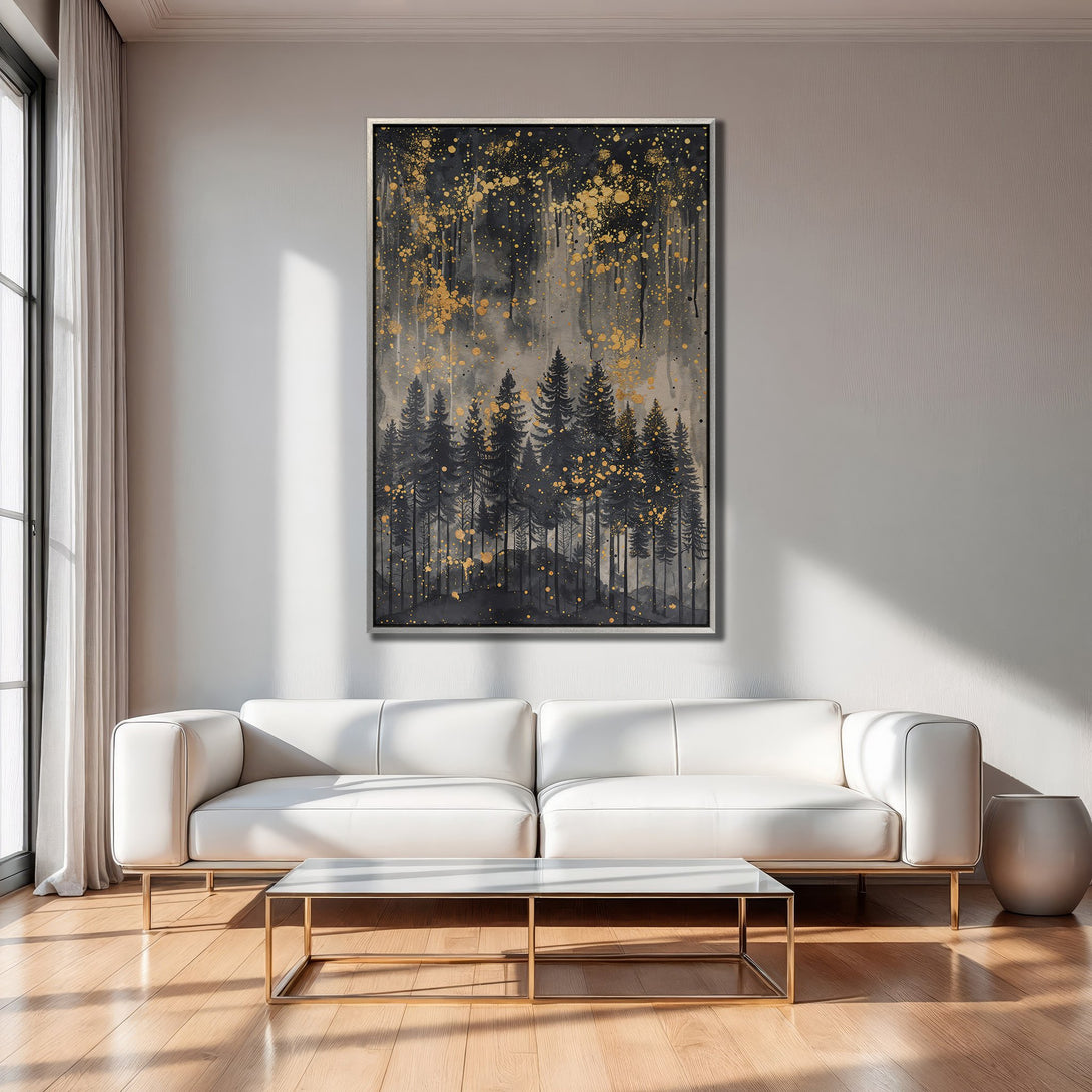 Framed Wall Art: Abstract forest scene in black, gray, and gold. Modern canvas print adds a touch of elegance to any interior. Shop now!