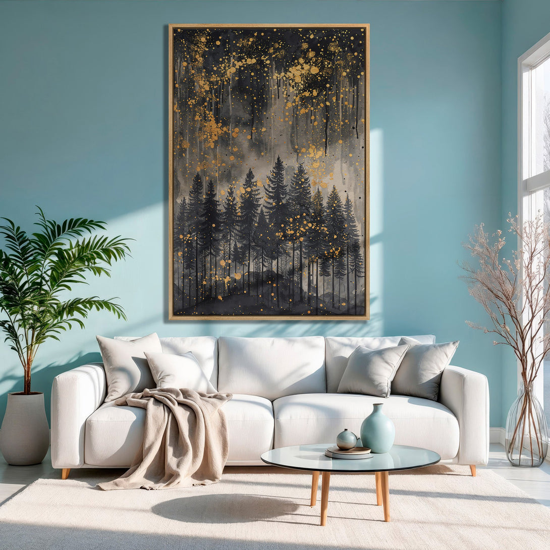Framed Wall Art: Abstract forest scene in black, gold, and gray. Modern canvas print adds a touch of elegance to any living room.