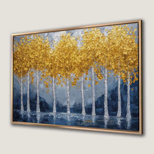 Framed Wall Art: Abstract tree painting with gold leaves, white trunks, and blue/gray background. Modern art for home decor.