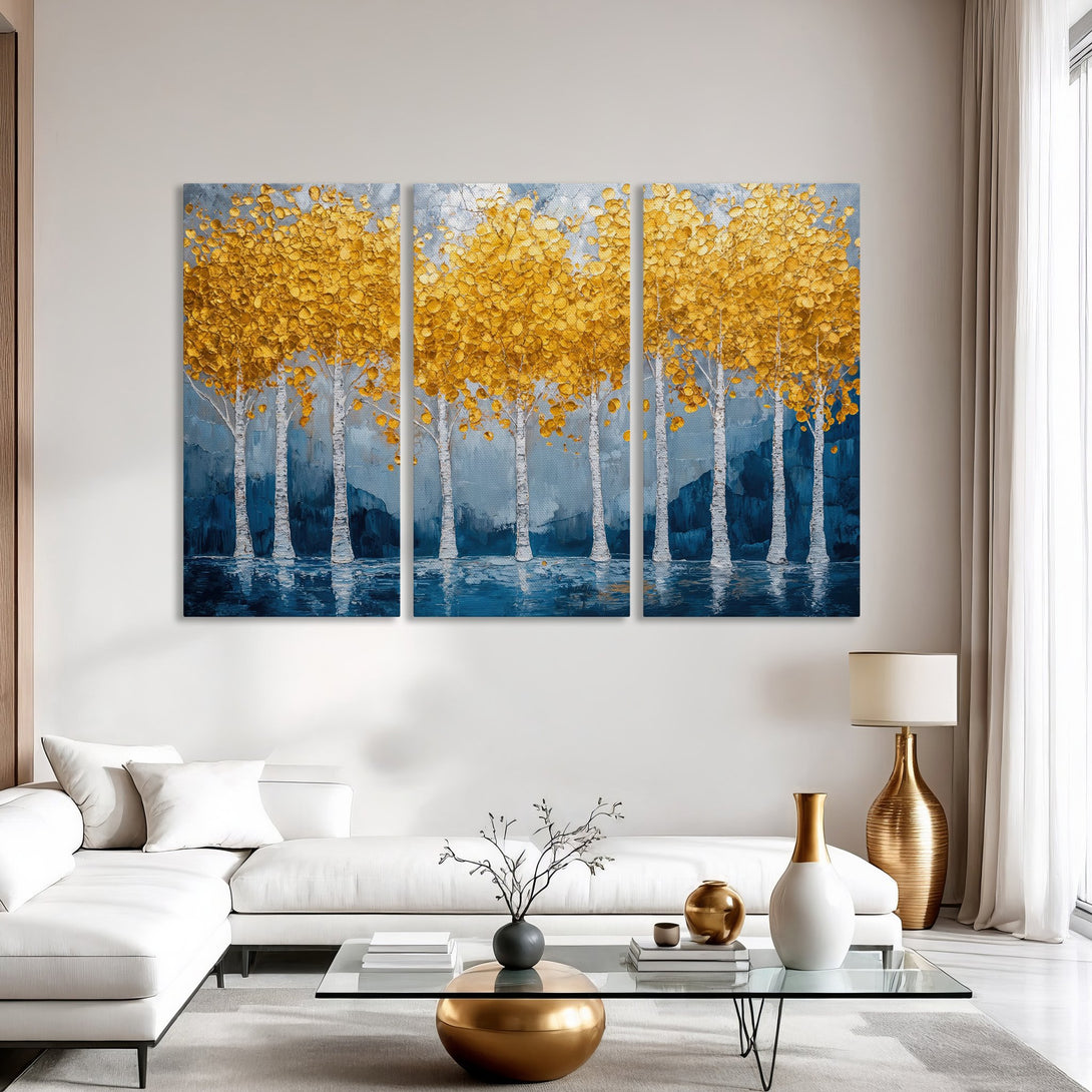 Canvas Print of golden trees in a modern abstract style. Blue and gold color palette, perfect for living room decor.