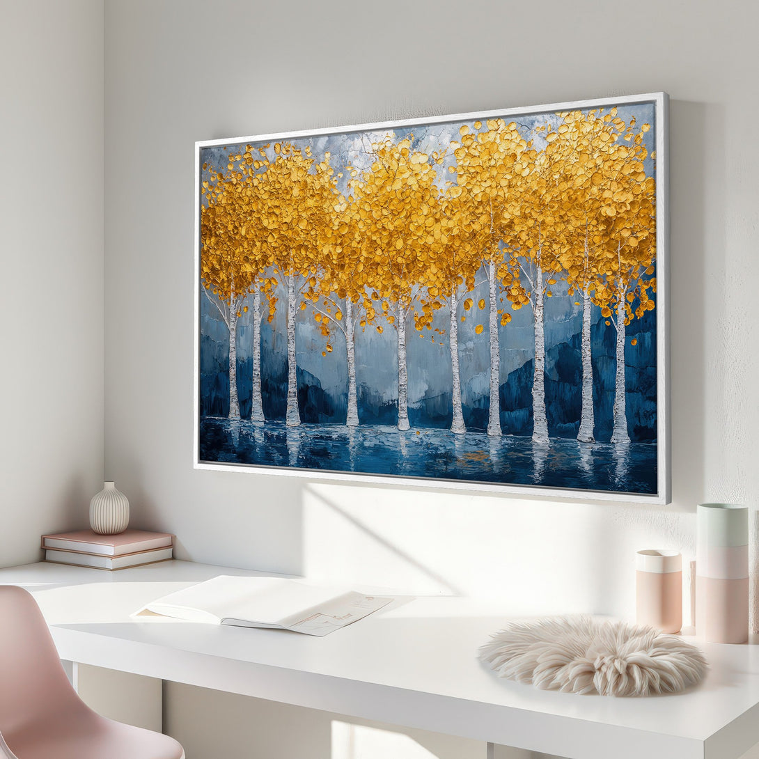 Framed Wall Art: Stunning birch tree painting with gold leaves and blue/gray tones. Add a touch of nature to your space!