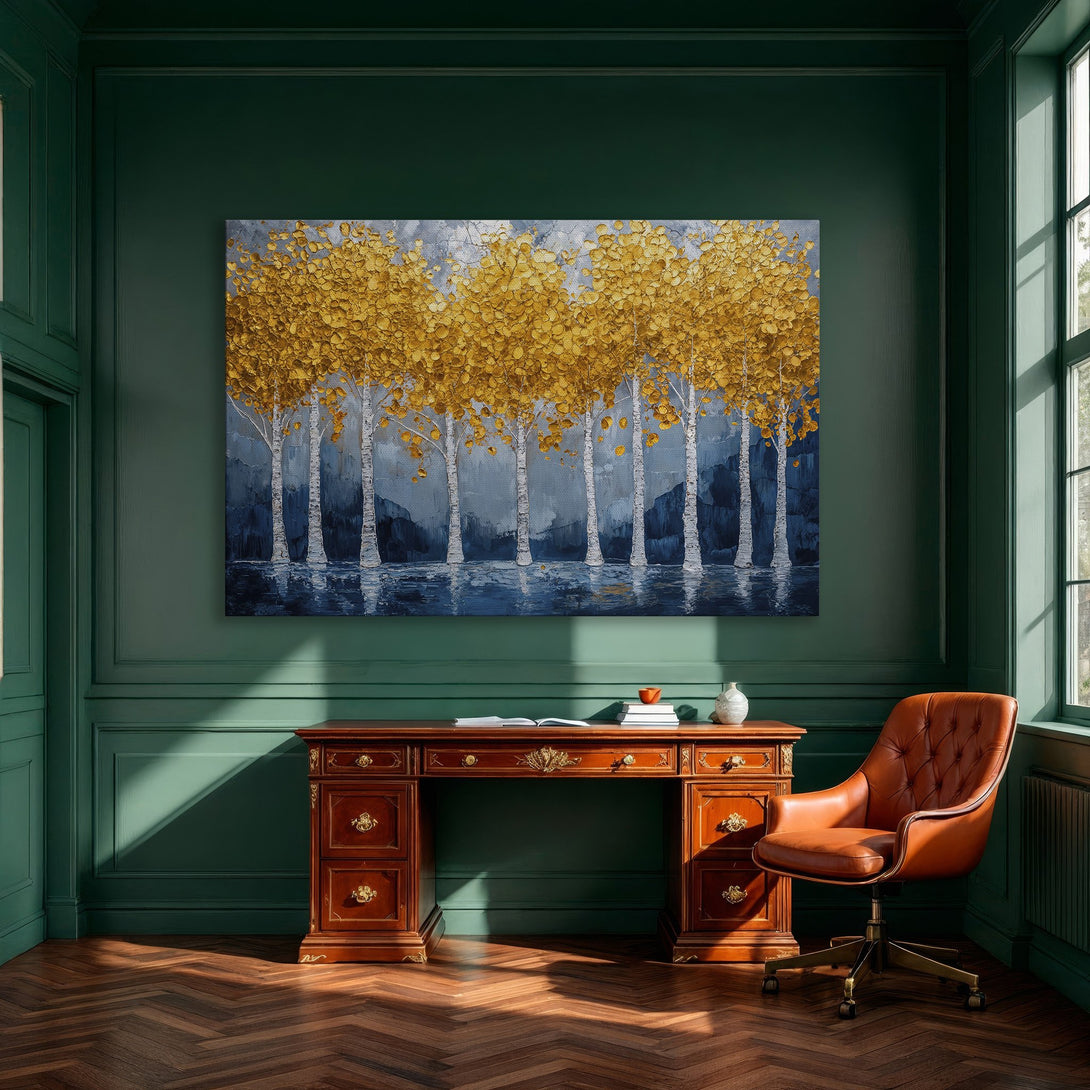 Framed Wall Art: Golden trees painting with blue and gold color palette. Modern art for your home decor, add elegance to any room.