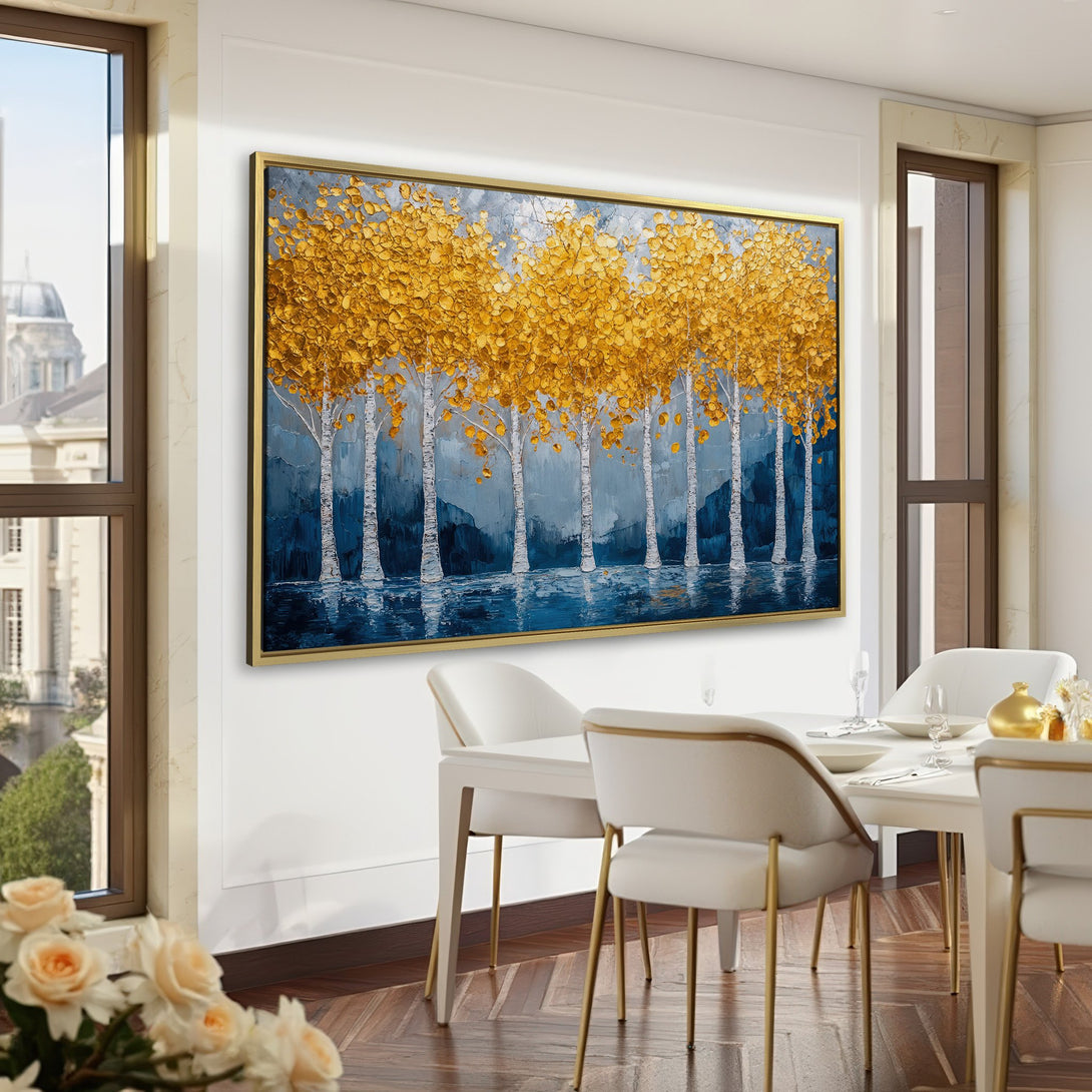 Canvas Print of golden aspen trees in a moody, modern style. Features a blue and gold color palette, perfect for adding art to your home.