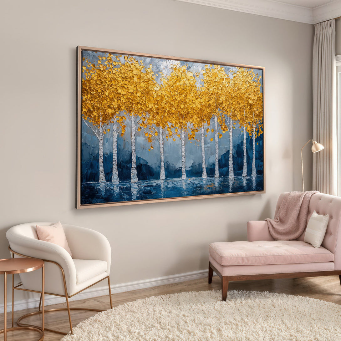 Framed Wall Art: Abstract gold leaf tree painting in a modern interior. Features a blue, gold, and white color palette, perfect for home decor.