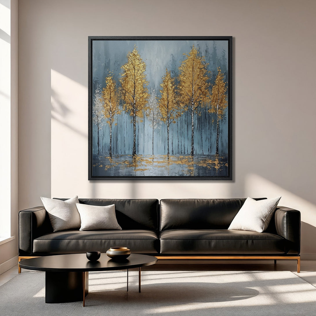 Framed Wall Art: Golden tree painting with blue and gold color palette, perfect for living room decor. Modern canvas print adds elegance to any space.