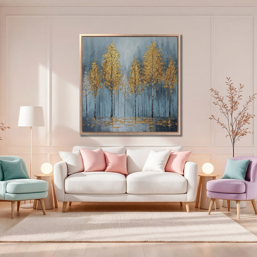 Framed Wall Art: Golden trees in a serene forest painting with a blue and gold color palette, perfect for adding a touch of elegance to any room.