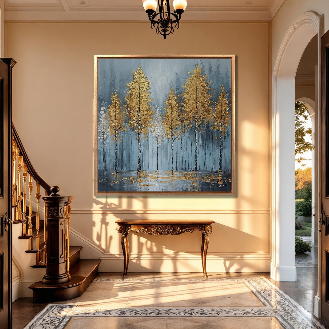 Framed Wall Art: Gold trees painting in a luxurious interior. Blue, gold, and neutral color palette. Perfect for modern home decor.