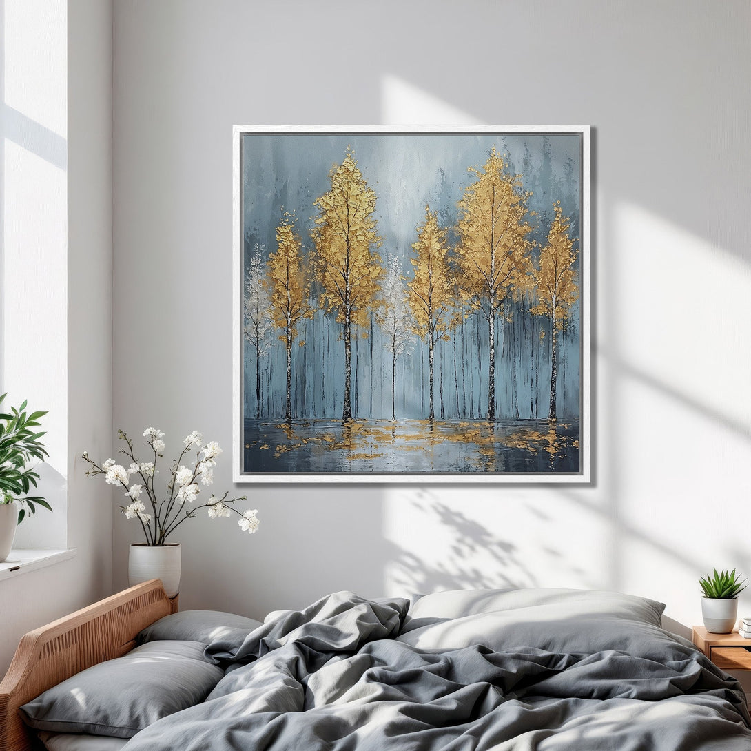 Framed Wall Art: Golden tree canvas print in a bedroom. Modern abstract style with blue, gold, and gray color palette. Elevate your space with art!
