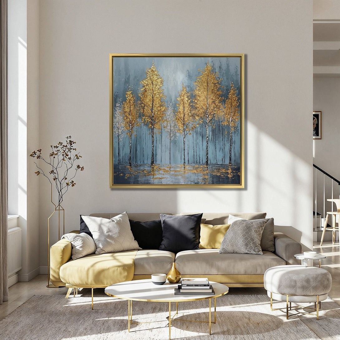 Canvas Print of golden trees in a serene blue and gold palette, perfect for adding a touch of elegance to any space.