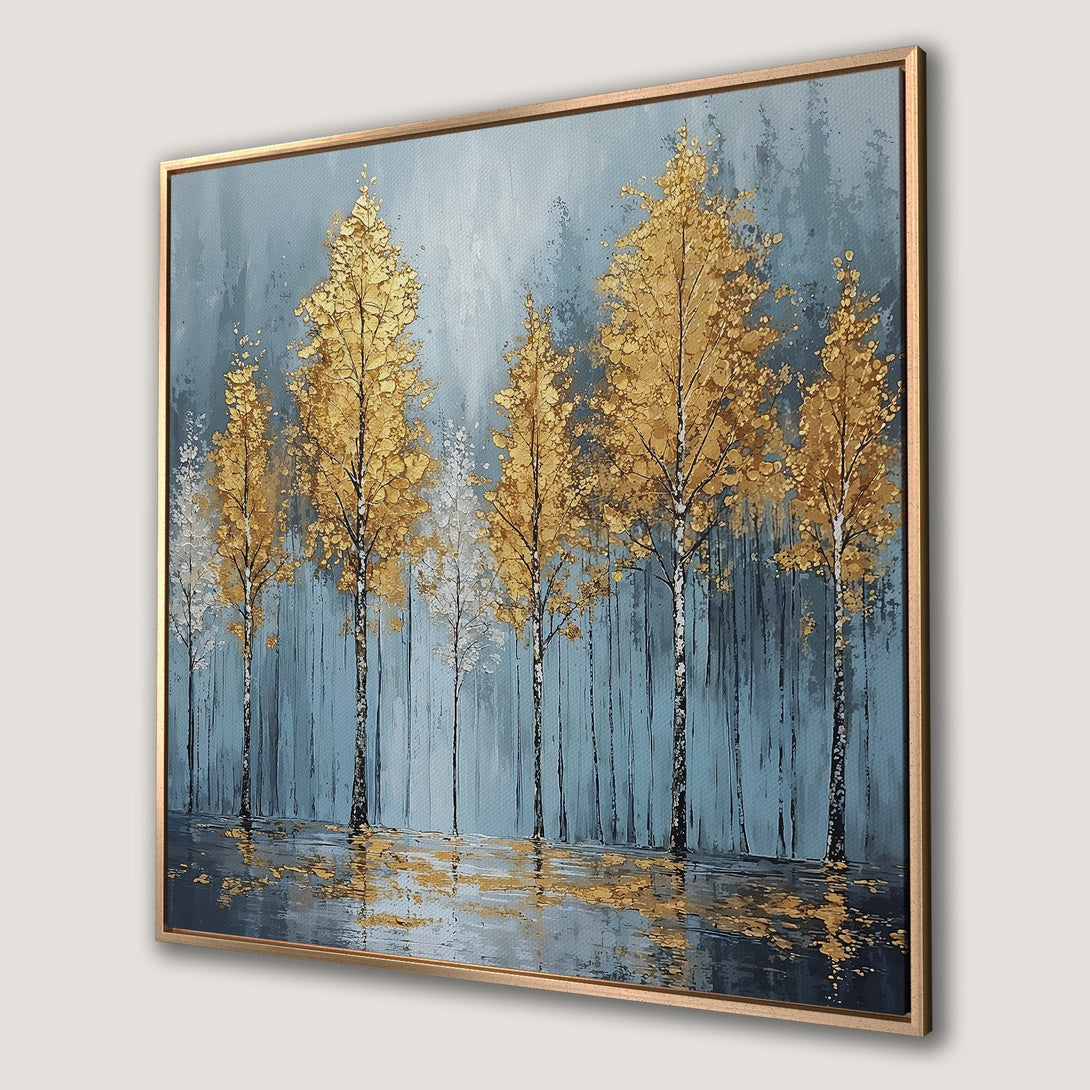 Framed Wall Art: Abstract forest scene with gold and blue tones. Modern Canvas Print, perfect for adding a touch of elegance to any space.