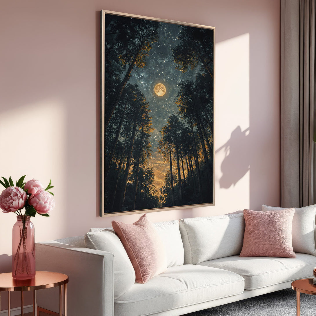 Framed Wall Art: Majestic moonlit forest scene in a modern interior. Dark blues, gold, and pink color palette. Elevate your space with this stunning canvas print.