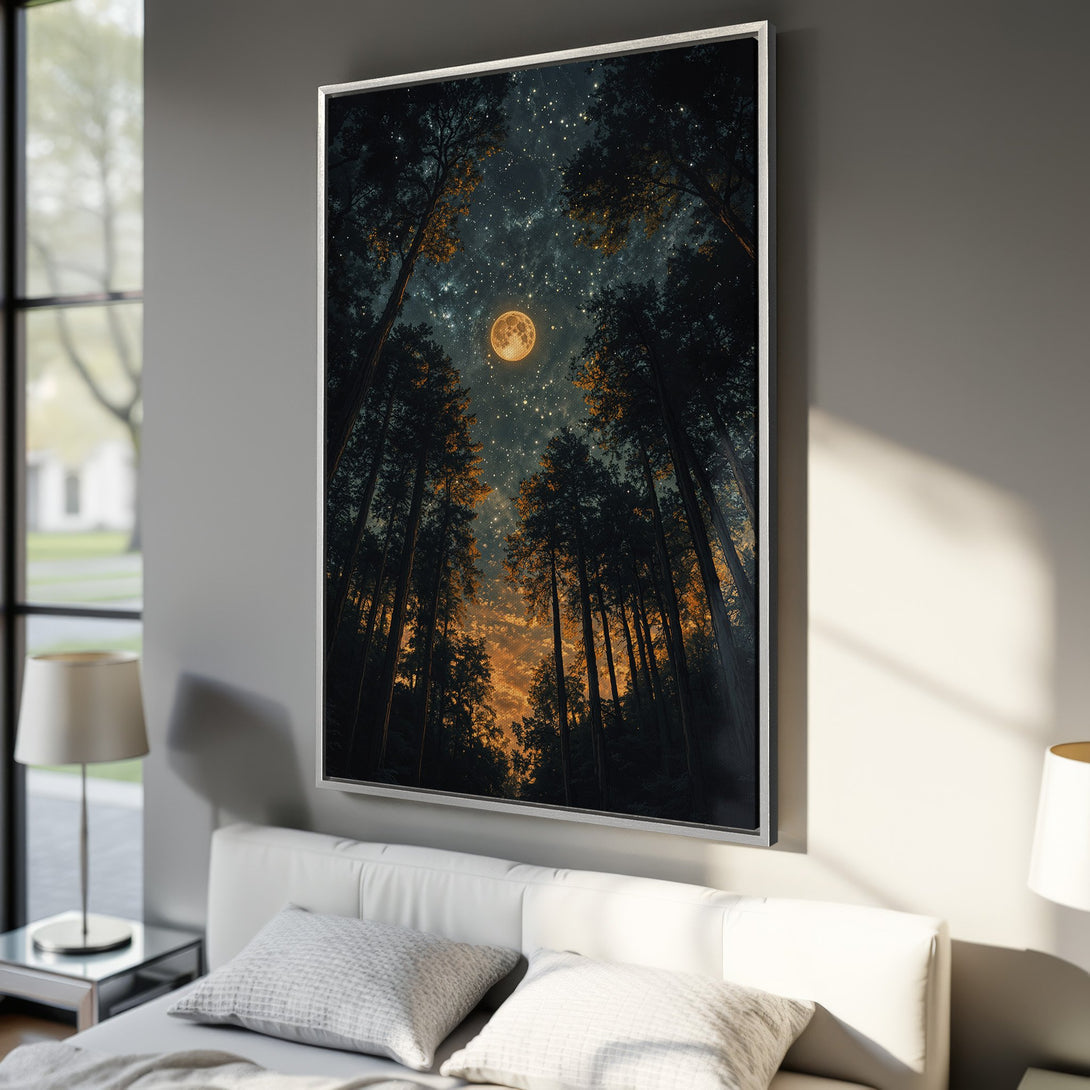 Framed Wall Art: Majestic forest scene with a full moon, dark blues, oranges, and greens. Perfect for adding a touch of nature to your bedroom decor.