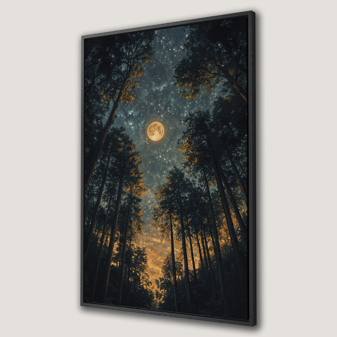Framed Wall Art: Majestic forest scene with moon & stars. Dark, moody color palette with golden highlights. Perfect for adding a touch of nature to your space.