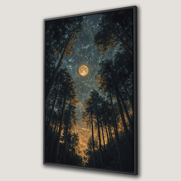 Framed Wall Art: Majestic forest scene with moon & stars. Dark, moody color palette with golden highlights. Perfect for adding a touch of nature to your space.