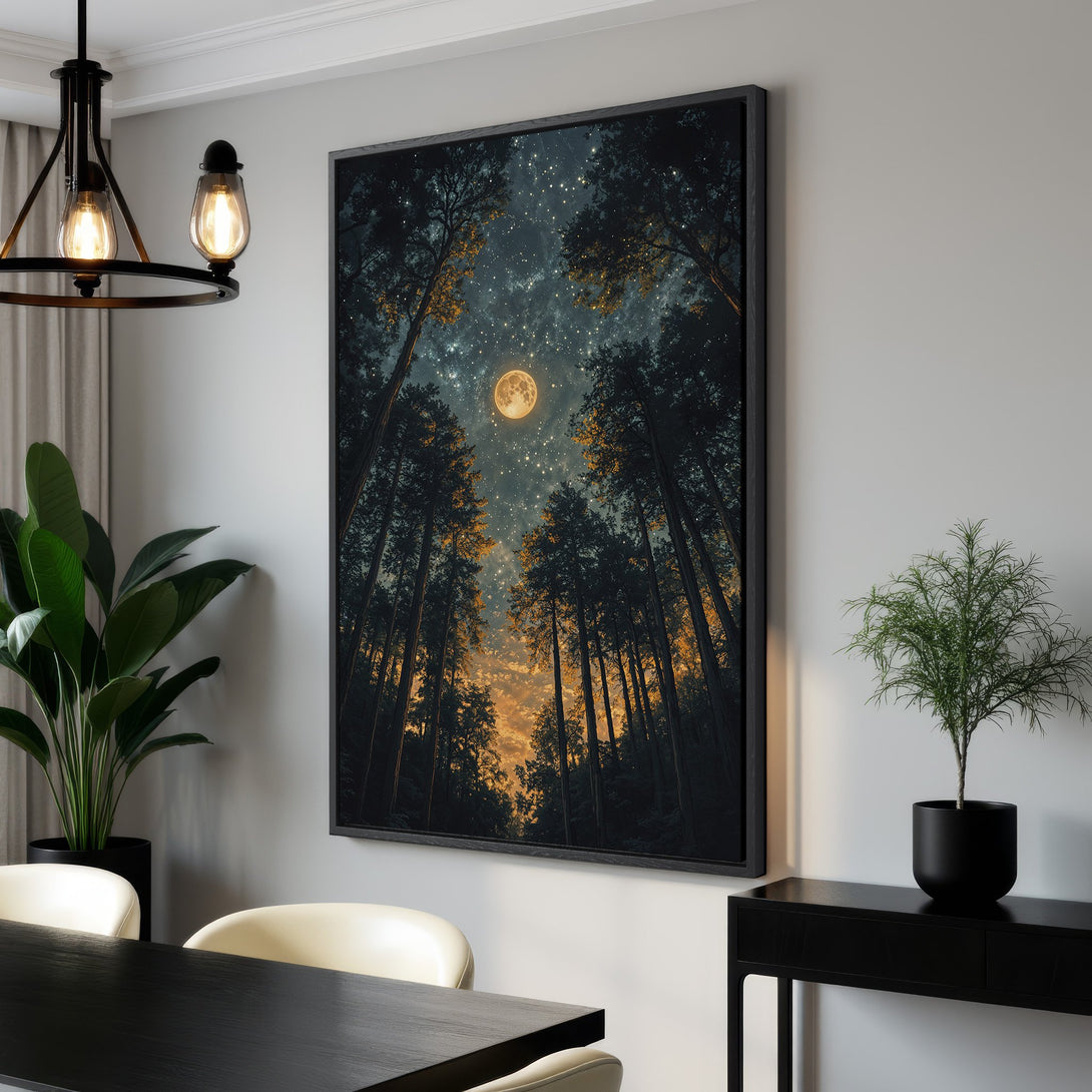 Framed Wall Art: Majestic forest scene with a full moon, evoking a sense of wonder. Dark, moody color palette with warm golden accents. Perfect for a calming interior.