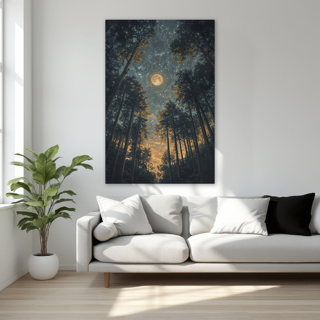 Framed Wall Art: Majestic forest scene with moon and stars. Dark blue, gold, and orange color palette. Perfect for adding a touch of nature to your space.