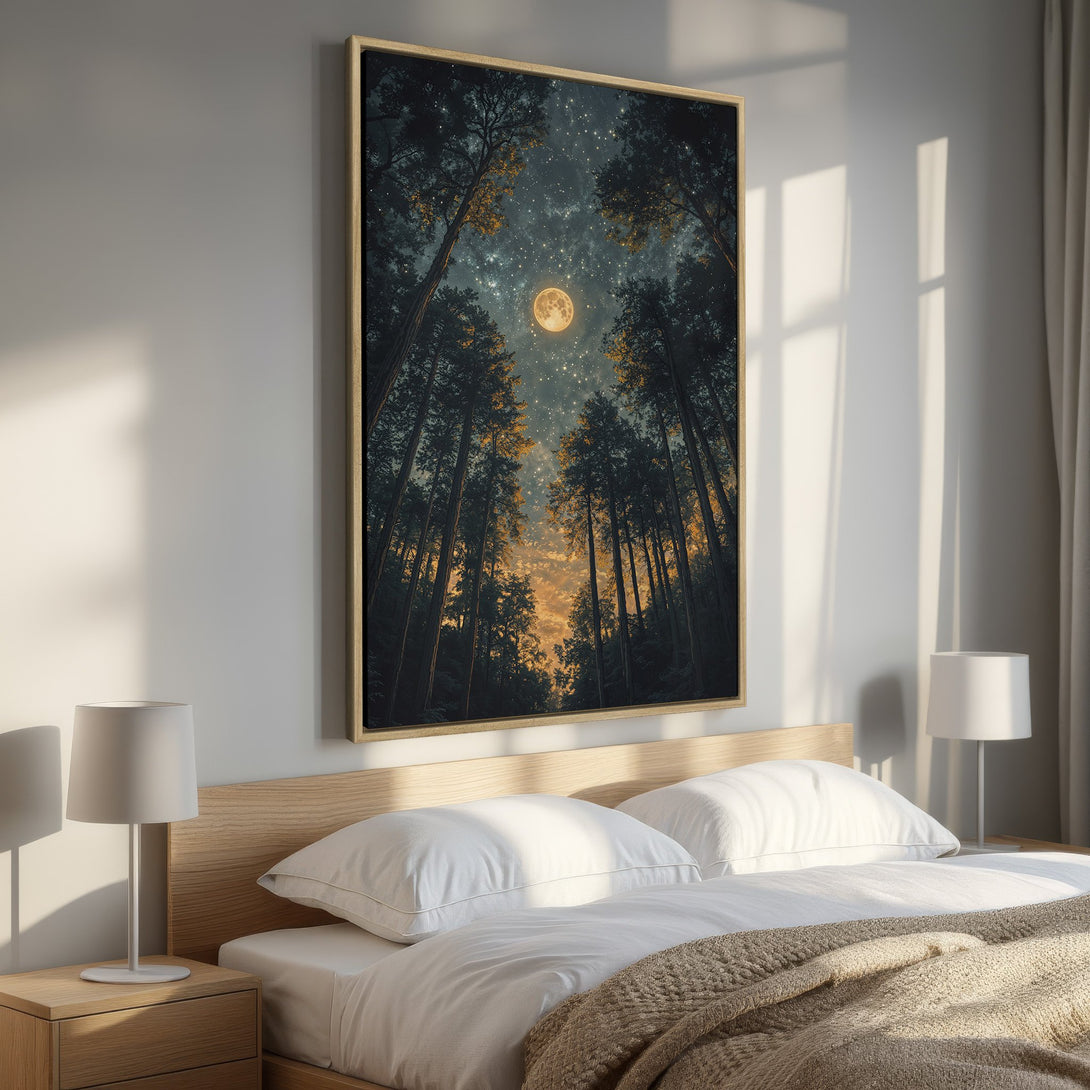Framed Wall Art: Stunning night sky and moon over a forest. Moody, atmospheric art with a dark, natural color palette. Perfect for bedroom decor.