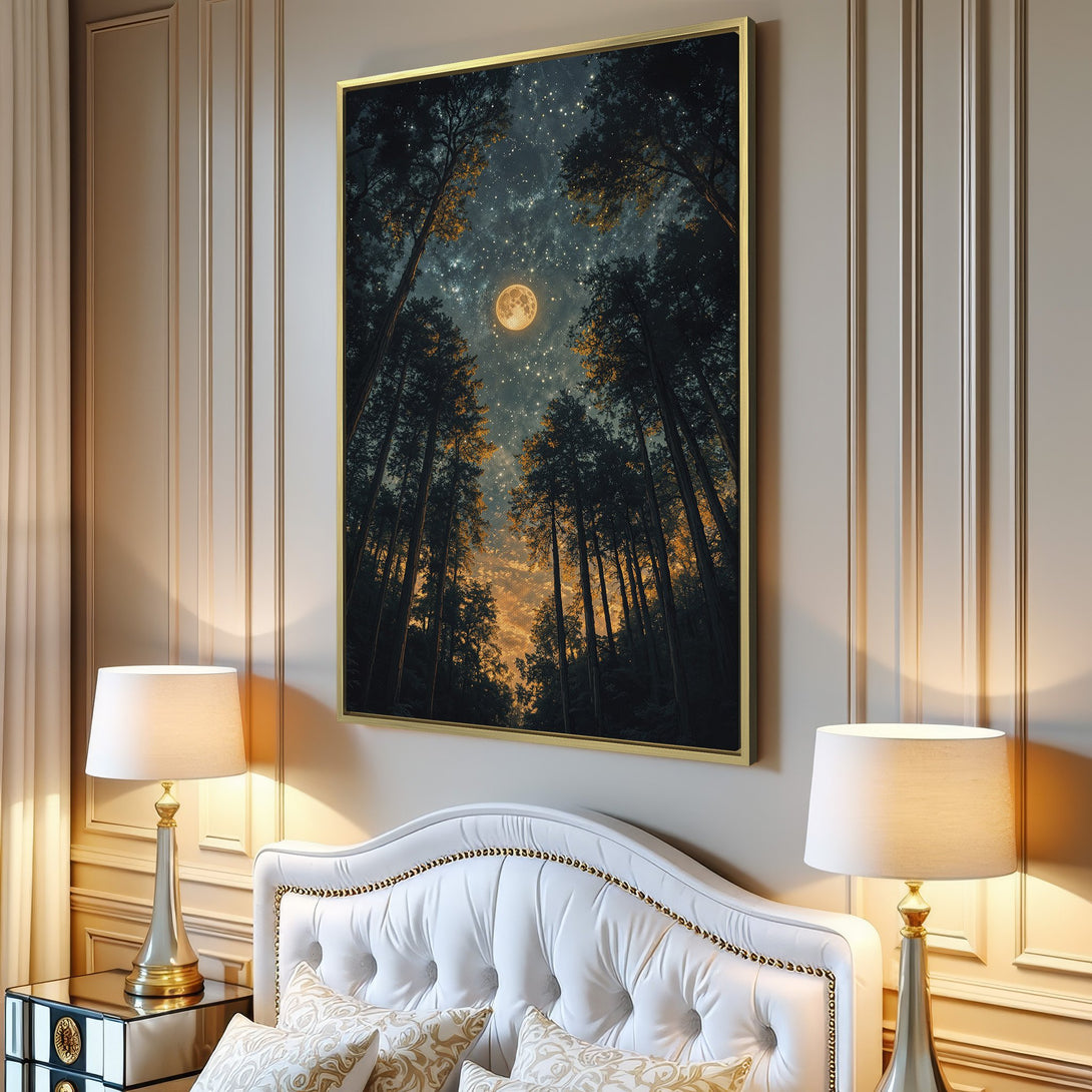 Canvas Print of a moonlit forest scene, featuring tall trees and a starry sky. Moody, nature-inspired art with a dark blue and gold color palette.