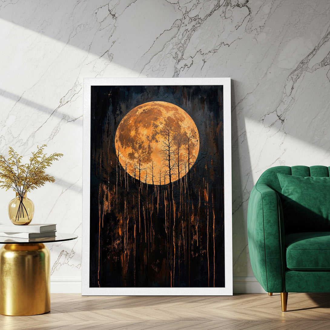 Framed Poster featuring a vibrant moon over a forest. Abstract style, warm orange & black color palette. Perfect wall art!