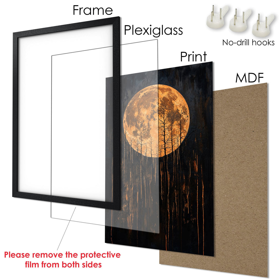 Framed Poster featuring a moonlit forest scene. Dark, moody style with orange and black color palette. Ready to hang art.