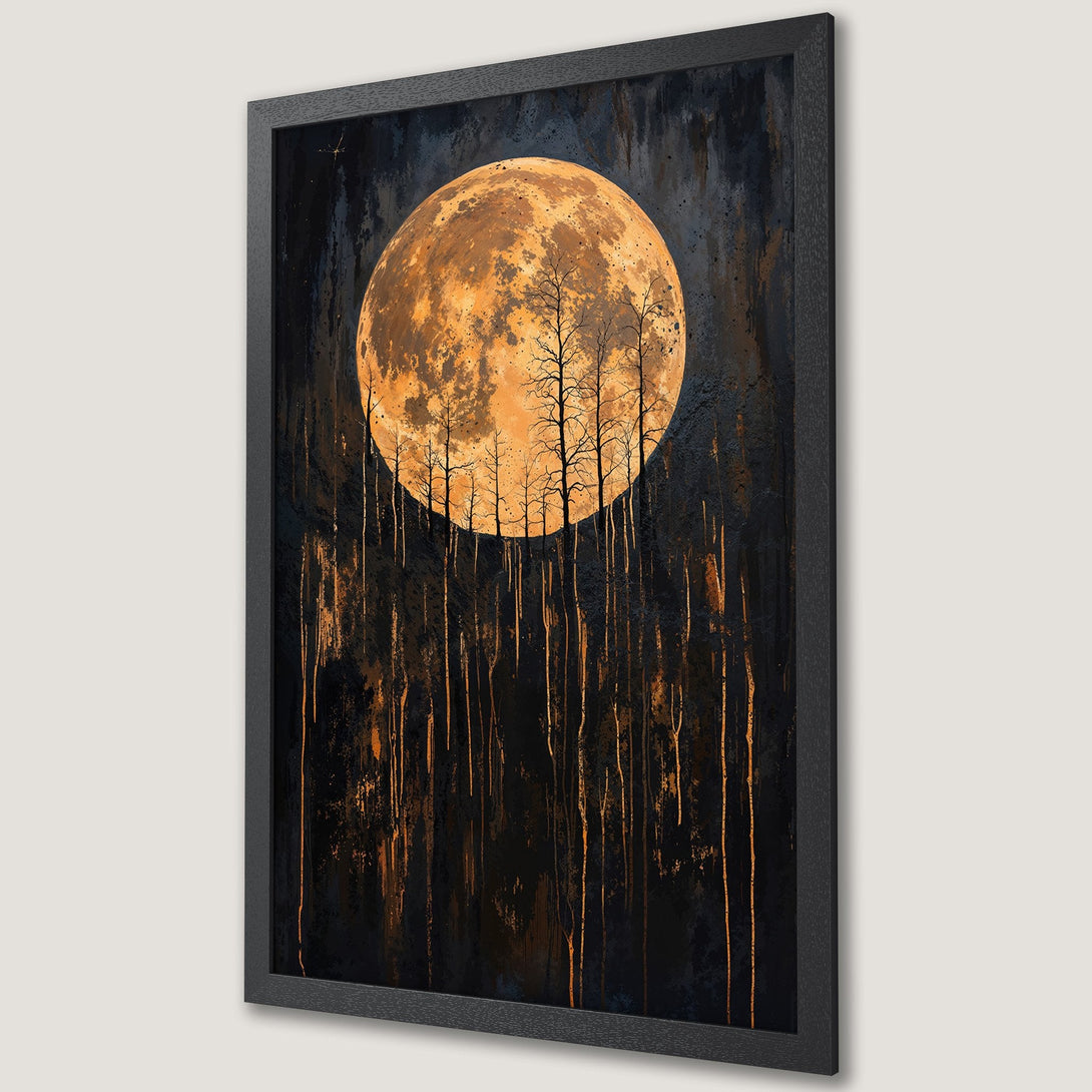 Framed Poster of a moonlit forest scene. Dramatic art style with a dark, moody palette of black, orange, and gold. Perfect wall decor.