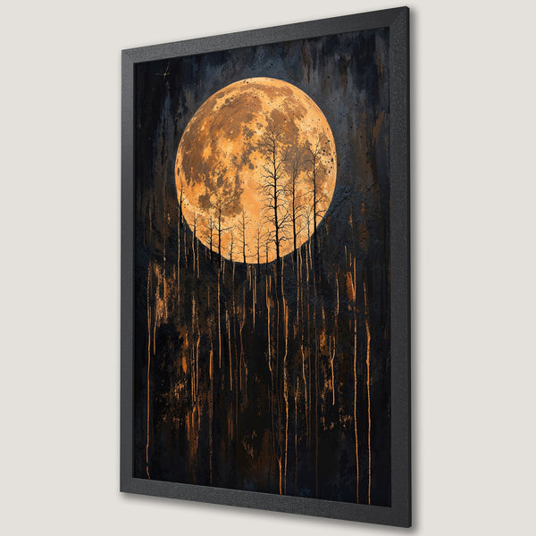 Framed Poster of a moonlit forest scene. Dramatic art style with a dark, moody palette of black, orange, and gold. Perfect wall decor.