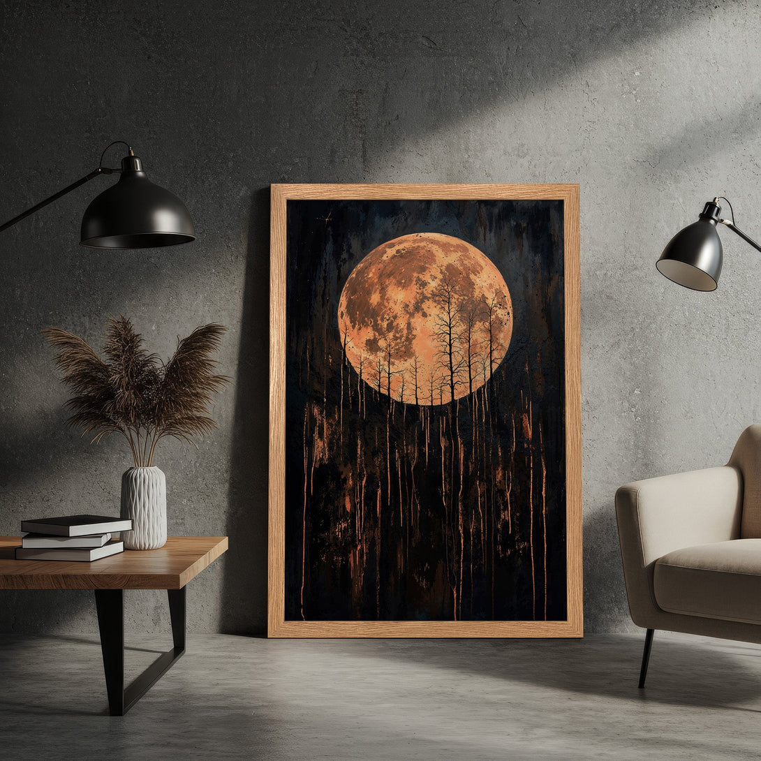 Framed Poster featuring a surreal moonlit forest scene in a dark, moody style with orange and black tones. Perfect wall art!