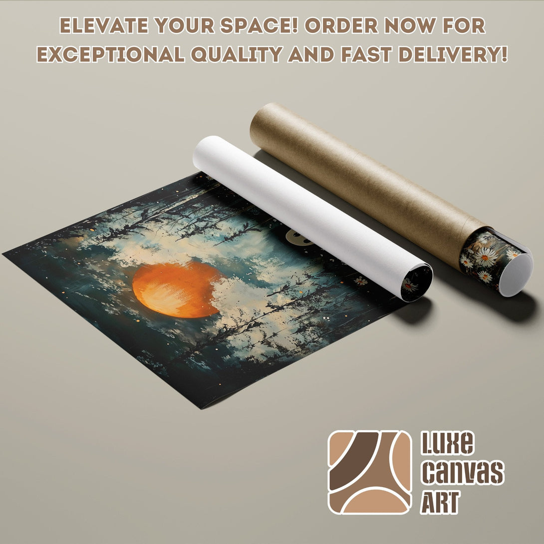 Poster Roll featuring a dreamy landscape art print with a dark teal, orange and white color palette.