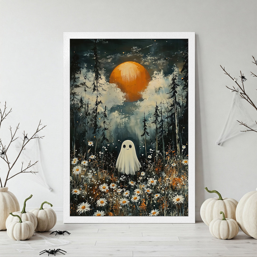 Framed Poster featuring a cute ghost in a whimsical forest scene with a dark, moody color palette. Perfect Halloween decor!