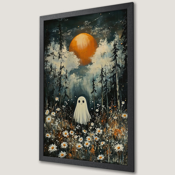 Framed Poster featuring a whimsical ghost in a forest with a warm color palette. Perfect wall art for a cozy aesthetic.
