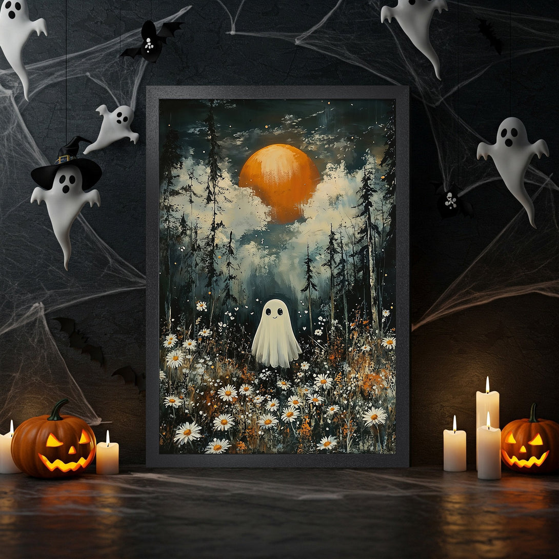 Framed Poster featuring a cute ghost in a whimsical forest scene, with a warm orange and cool blue color palette. Perfect Halloween decor!