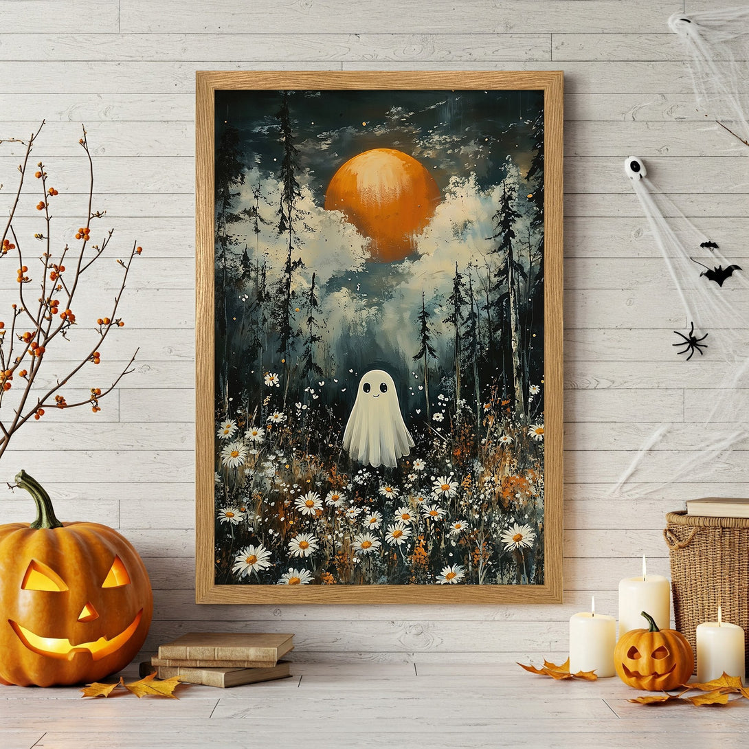 Framed Poster featuring a cute ghost in a forest with a warm color palette, perfect for Halloween decor.