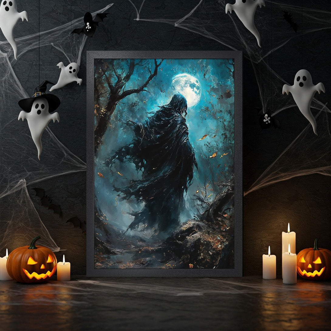 Framed Poster featuring a woman's face in a dramatic, abstract style with a dark, moody color palette. Perfect Halloween decor.