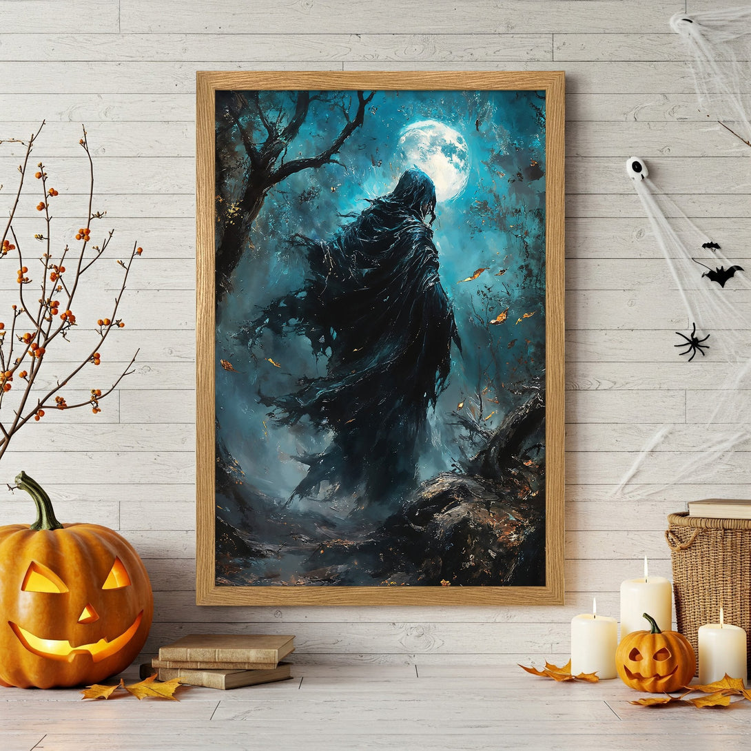 Framed Poster featuring a woman's face in an abstract style with a dark, moody color palette. Perfect Halloween decor!