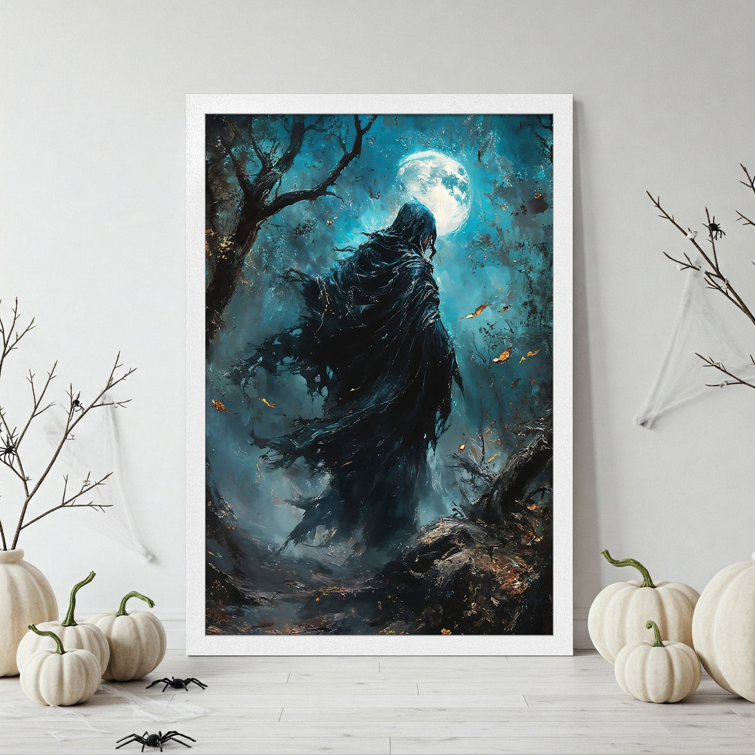 Framed Poster featuring a woman with flowing hair, in a dark, moody style with a black and gold color palette. Perfect wall art.