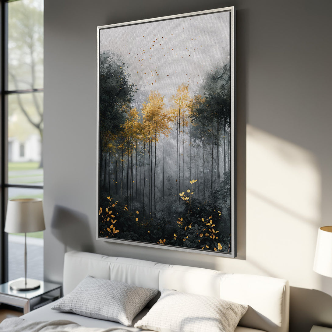 Framed Wall Art: Elegant forest scene with gold and gray tones. Modern canvas print adds a touch of nature-inspired luxury to any space. Shop now!