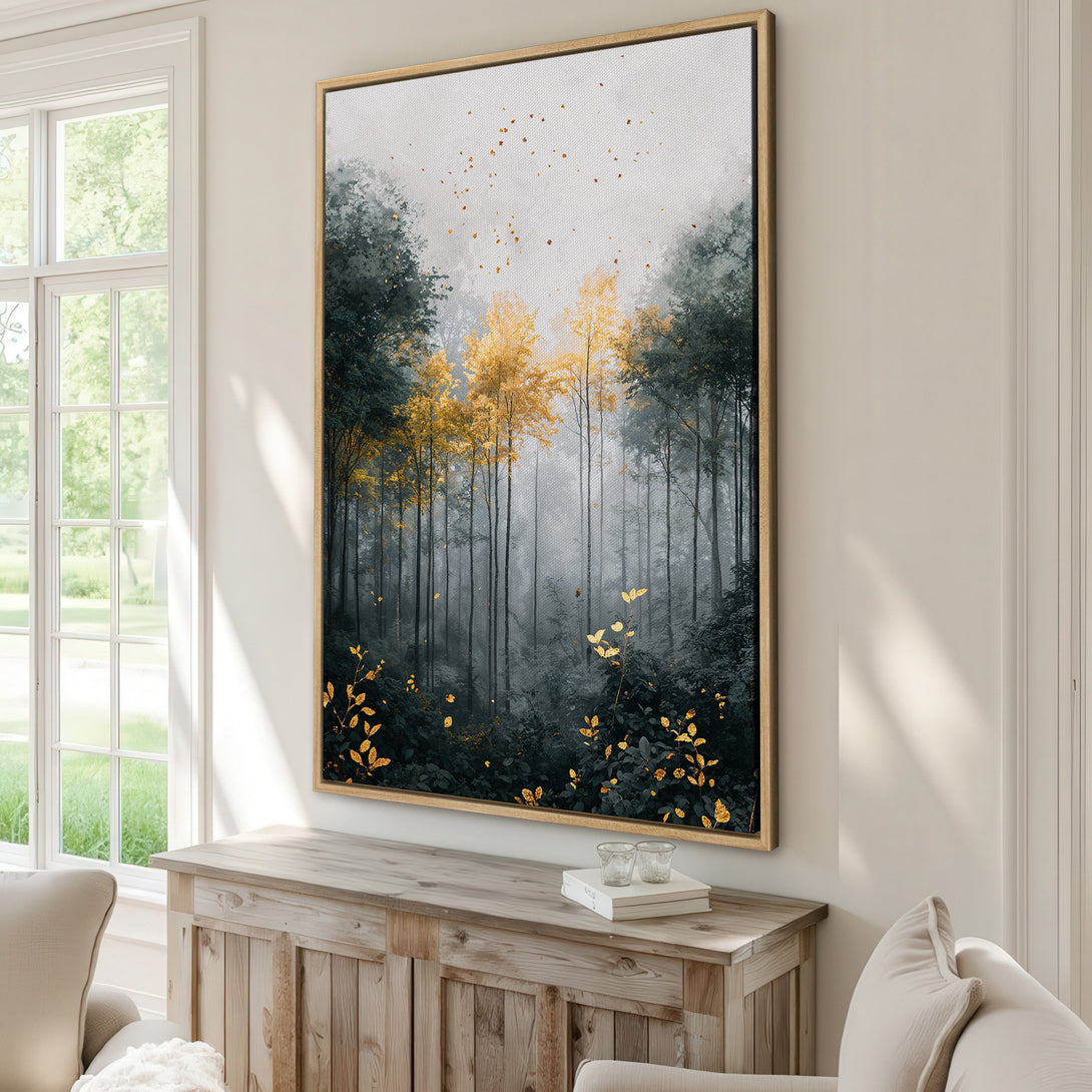 Framed Wall Art: Stunning forest scene canvas print with gray, gold, and green tones. Perfect for adding a touch of nature and elegance to your home decor.