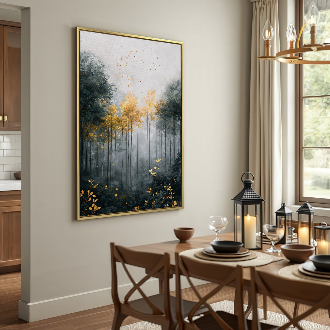 Canvas Print of a misty forest with gold accents. Moody, artistic wall art in a muted, earthy color palette. Perfect for any room!