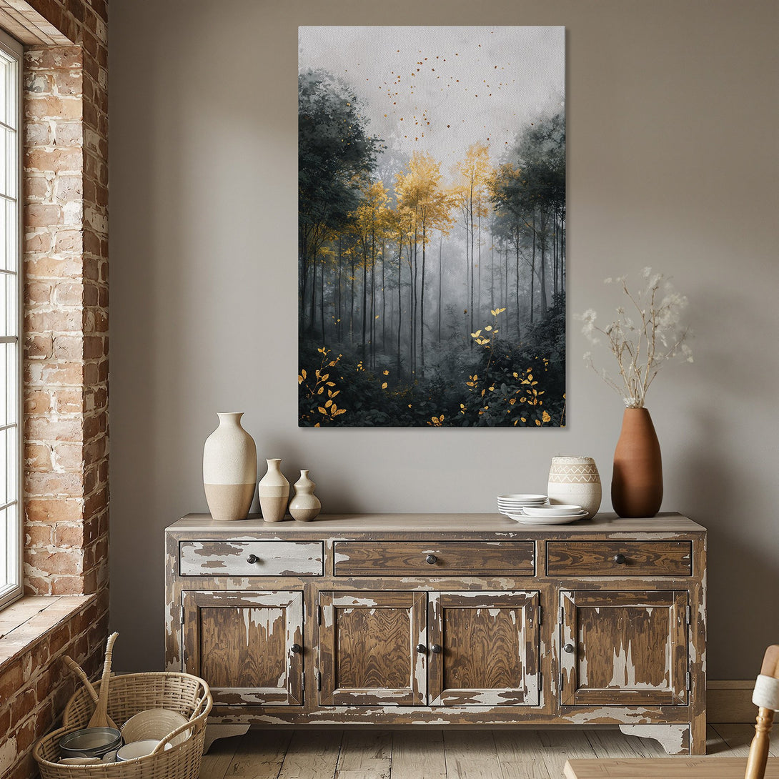 Framed Wall Art: Forest scene Canvas Print in gold, green, and gray tones. Perfect for adding a touch of nature and elegance to your dining room decor.