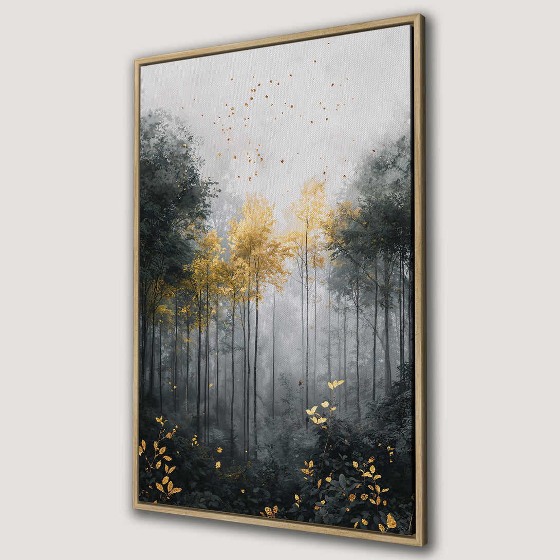 Framed Wall Art: Forest scene Canvas Print with gold and gray tones. Modern nature art for home decor. Bring the outdoors in!