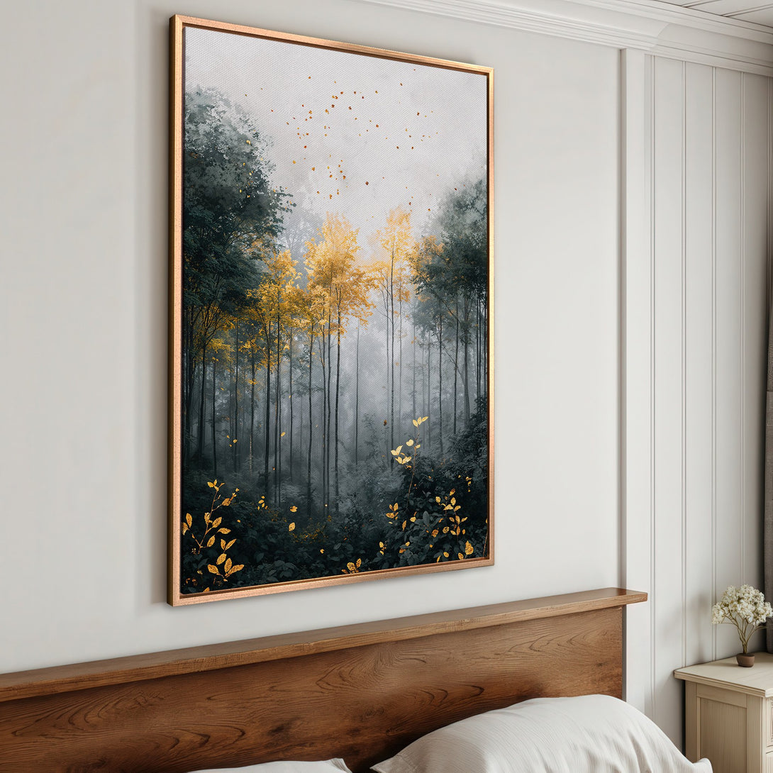 Framed Wall Art: Forest scene canvas print with gold accents. Modern art in a gray and gold color palette, perfect for bedroom decor.
